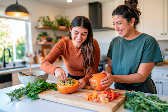 Two smiling women preparing stuffed pumpkins with fresh vegetables together in modern home kitchen for healthy autumn meal
