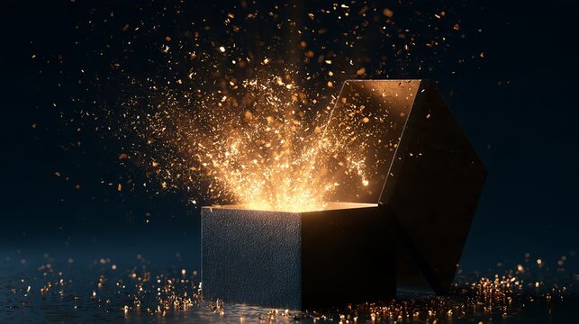 Open dark box releasing brilliant golden sparks against a deep blue backdrop, perfect concept for innovation and magical events