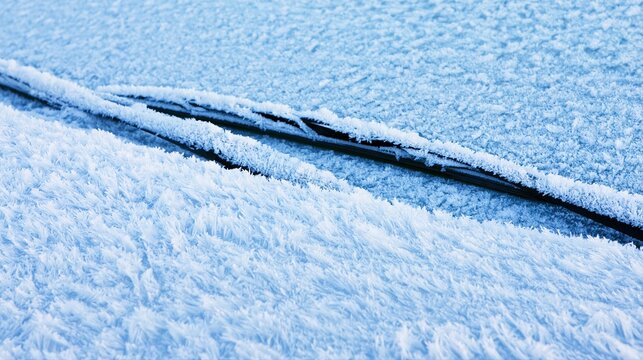 A car windshield is thickly coated with intricate frost patterns after a frigid night. Ice crystals blanket the glass, with dark wipers trapped in the frozen layer.