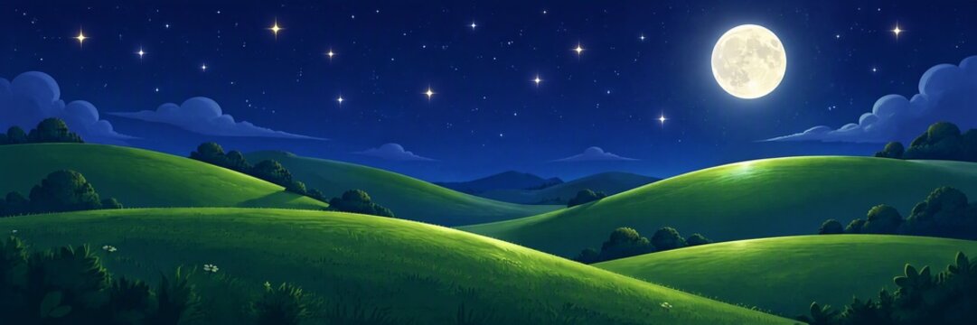 Cartoon landscape of rolling green hills under a bright full moon and starry night sky