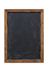 Rustic empty blackboard with a distressed wooden frame, featuring a dark, textured surface with faint chalk marks, isolated on a white background © no one