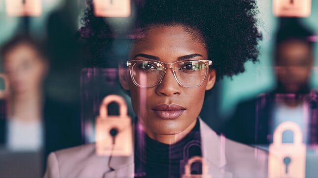 A focused woman in glasses sits at a modern shared workspace with locked login icons on her screen. The scene highlights cybersecurity and digital privacy concerns.