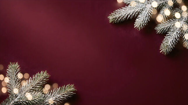 Snow dusted fir branches with glowing bokeh lights on a dark red textured surface with branches covered artificial christmas background