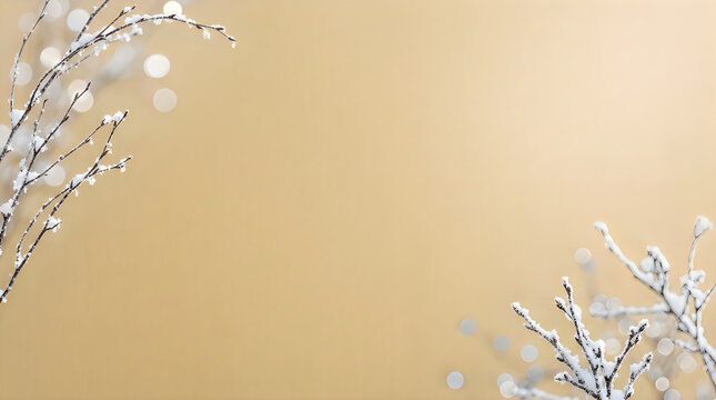 Snow covered tree branches positioned on a plain light brown surface for a festive holiday theme christmas background