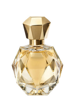 Elegant faceted glass perfume bottle with a golden cap and amber liquid, captured in a studio shot on a pristine white background