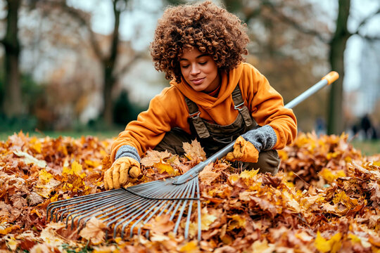 Young woman raking fallen autumn leaves outdoors while wearing work gloves and orange hoodie during seasonal garden cleanup