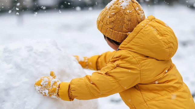 Child in yellow puffer jacket and knit hat making large snowball during snowfall