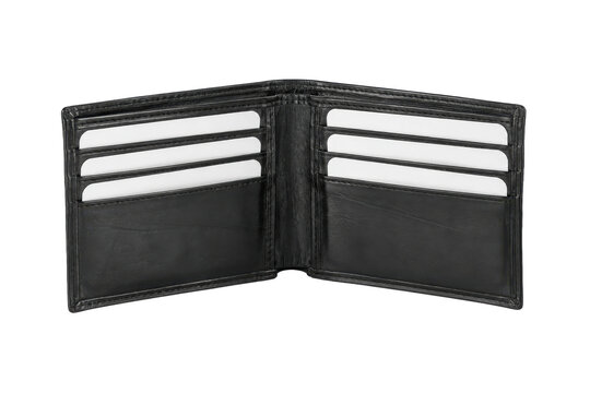Open black leather wallet with multiple empty card slots is displayed against a clean white background