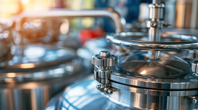 Close up view of stainless steel industrial tank lid with fastening bolt in modern brewery