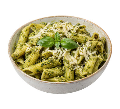 Delicious penne pasta with vibrant green pesto sauce, topped with grated parmesan cheese and fresh basil leaves, served in a rustic bowl on a white background