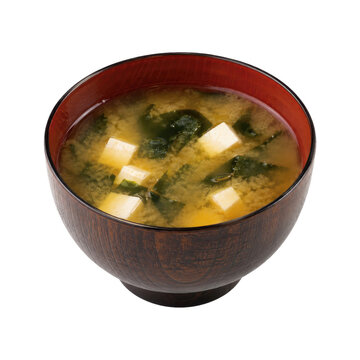 Traditional Japanese miso soup with tofu and wakame seaweed in a dark wooden bowl, isolated on a white background