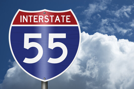 American Interstate I55 sign with sky for transportation