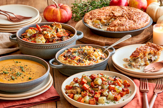 Autumn comfort food spread with creamy soup, roasted vegetables, mashed potatoes and savory pie served on rustic wooden table