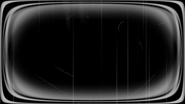Abstract rounded rectangle frame with glowing gray edges and vertical streaks on black background, vintage screen style animation warped screen
