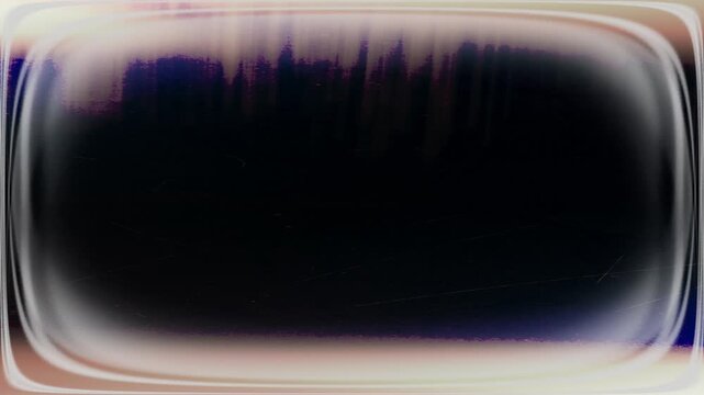 Dark rounded rectangle overlay with layered silver borders, deep blue corners and pink noise specks along the bottom edge, retro screen effect warped screen