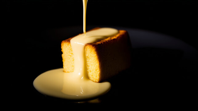 Close up of rich creamy vanilla custard pouring over a golden sponge cake against a dramatic black background. Warm cinematic lighting highlights the soft cake texture and glossy dessert sauce, creati
