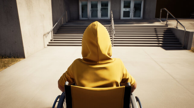 Rear view of a person wearing a yellow hoodie seated in a wheelchair in front of a large staircase leading to a public building. Powerful visual concept of disability access barriers