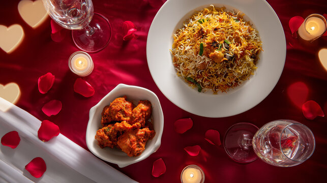 Overhead view of an elegant romantic dining table with fragrant Indian-style biryani rice, a spicy curry dish, glowing candles, rose petals and empty wine glasses arranged on rich red fabric.