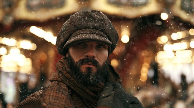 Man wearing a tweed hat and scarf gazes forward during a snowy winter day, representing resilience and seasonal comfort