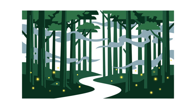 Enchanted forest, A minimalist vector graphic of a magical woodland with glowing fireflies