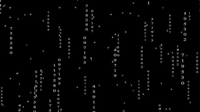 Dynamic Random number cyber digital rain loop white, violet & teal hand ideogram code characters cascading on black background with glowing alphanumeric data stream in modern matrix style. 4k