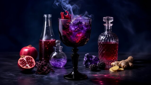 Purple halloween cocktail with smoking dry ice pomegranate and ginger in dark setting