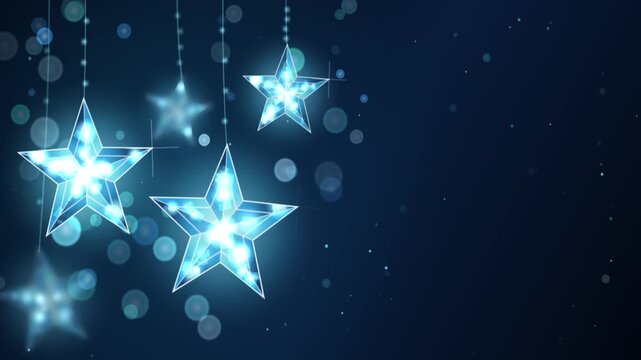 Hanging Blue Crystal Diamond Stars with Floating Bokeh and Sparkles Festive Background