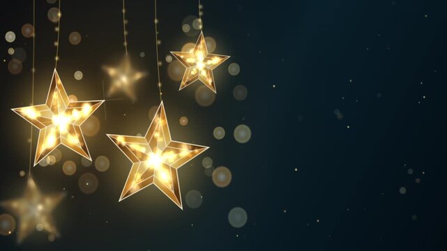 Golden Crystal Hanging Stars with Sparkling Glow and Floating Bokeh Particles Background