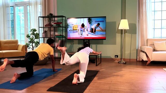 Young Indian couple practicing Naukasana boat pose together while following a yoga tutorial on TV in a lavish modern home, promoting fitness, wellness, flexibility and a healthy lifestyle.