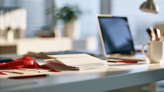 Employee Recognition Planning Desk with Envelopes and Red Ribbon