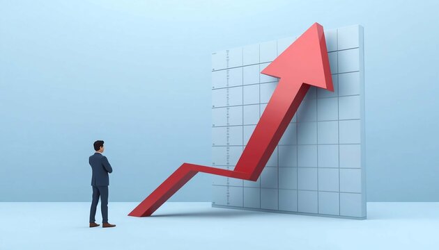 Businessman looking at red arrow rising on grid chart with copy space