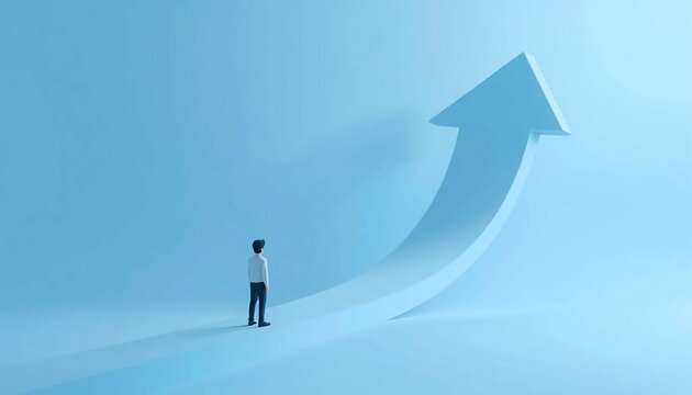 Small figure standing confidently beneath large upward arrow on
