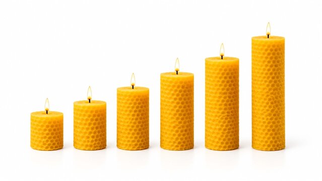 Six burning beeswax candles with honeycomb texture arranged in