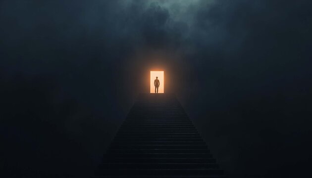 Mysterious silhouette entering illuminated doorway on foggy staircase