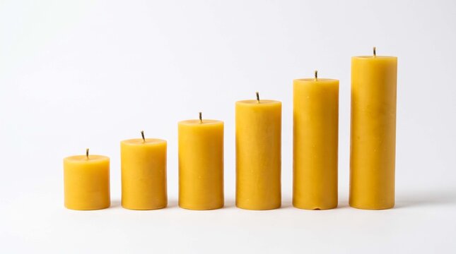 Yellow beeswax candles in ascending height order arranged on white