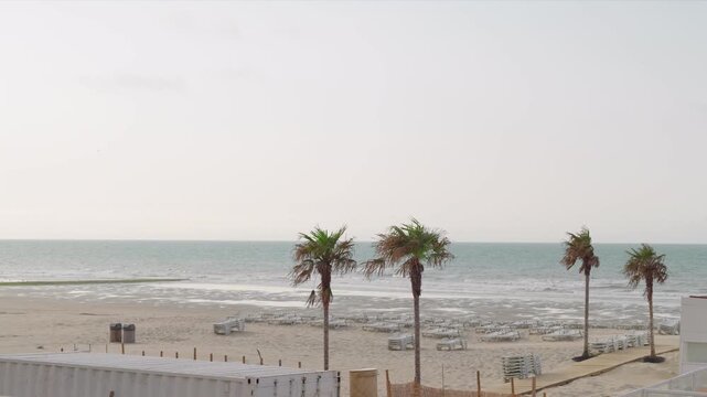 Empty sandy beach with palm trees and sun loungers slow motion wind and waves