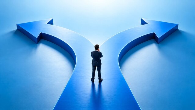 Businessman standing at a blue arrow fork choosing between two
