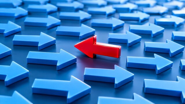 Single red arrow pointing left against many blue arrows moving right