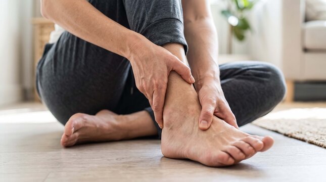 Person holding painful swollen ankle sitting on floor in bright