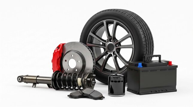 Car tire brake disc shock absorber battery and oil filter on white