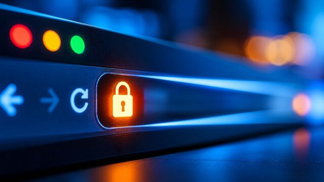 Glowing padlock icon on server hardware panel with status lights and