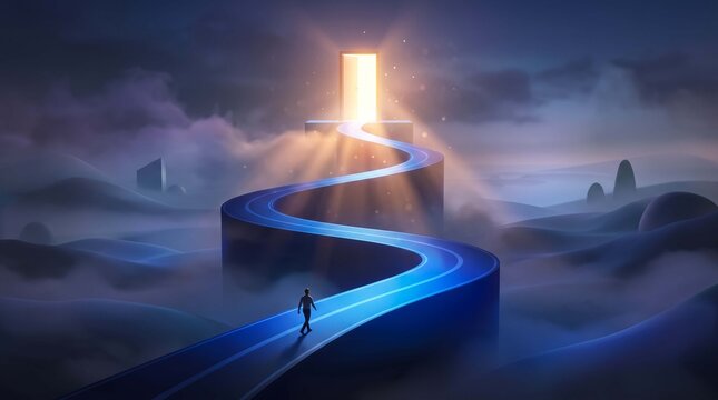 Mystical glowing portal pathway leads lone traveler toward cosmic