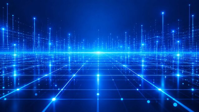 Futuristic digital grid network technology visualization glowing blue