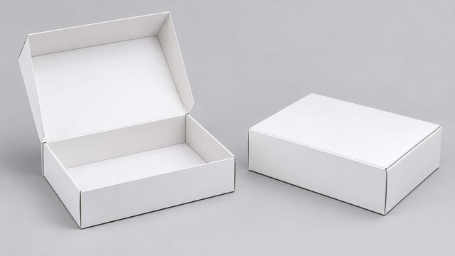 Two white cardboard boxes open and closed on a plain grey background