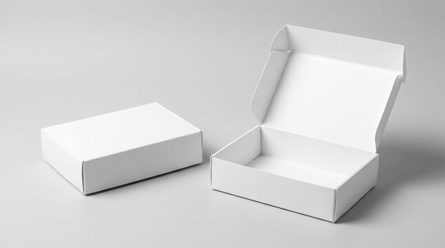 Two white cardboard boxes open and closed on a plain grey background
