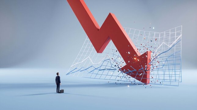 Businessman standing beneath shattered downward stock market graph