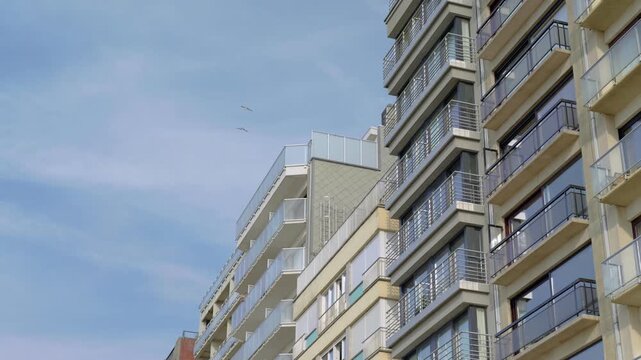 Seagulls fly over high rise houses with balconies slow motion a blue sky in the background