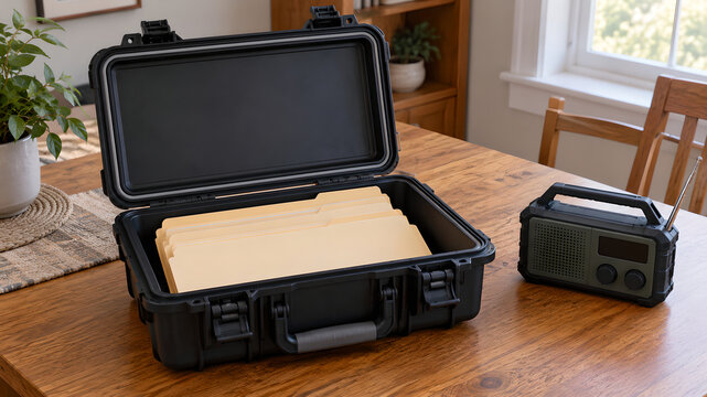 Protective document case with blank folders and an emergency radio