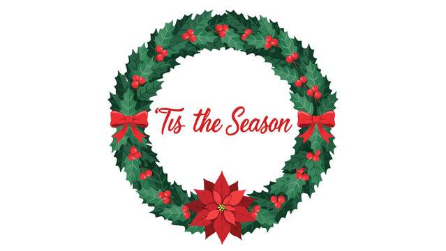 Tis the Season Holly Wreath with Bows Poinsettia