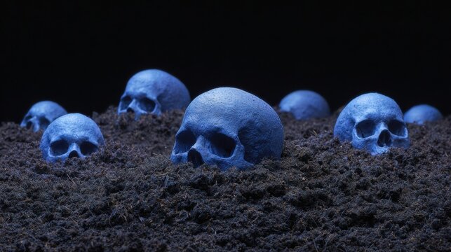 Blue human skulls emerging from dark soil on black background